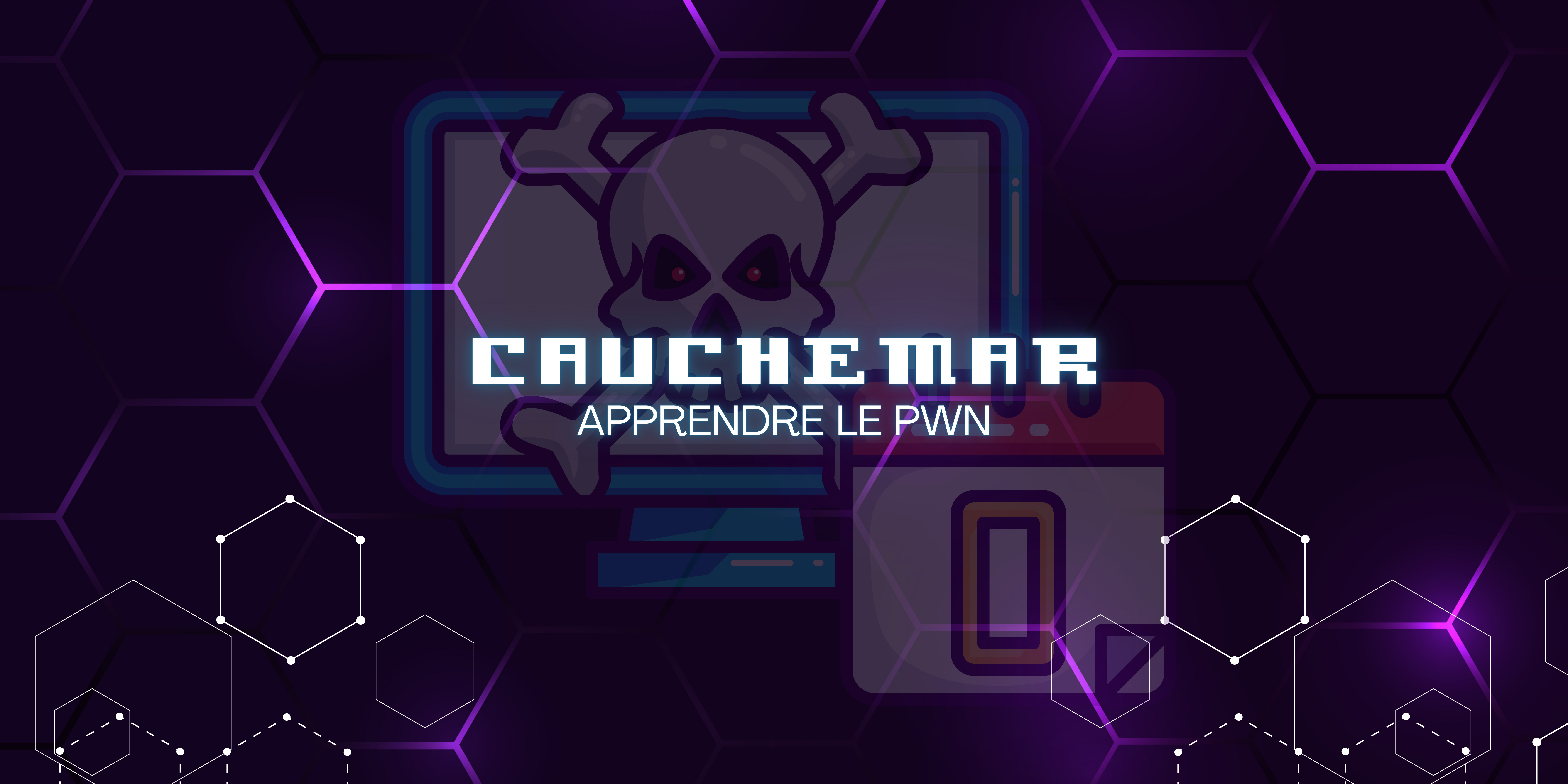 Bannière futuriste pour le cours "Apprendre le Pwn — Les fondamentaux de l'exploitation de binaires", avec un grand logo en arrière-plan sur un fond hexagonal violet et des éléments graphiques géométriques.